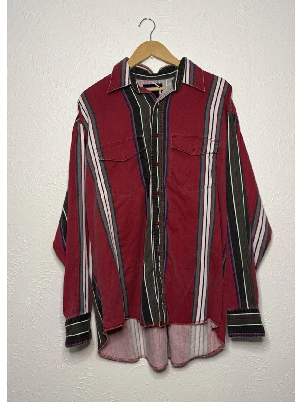 Wrangler Men's Vintage Long Sleeve Strip Red Western Shirt Size XL 17-17 35